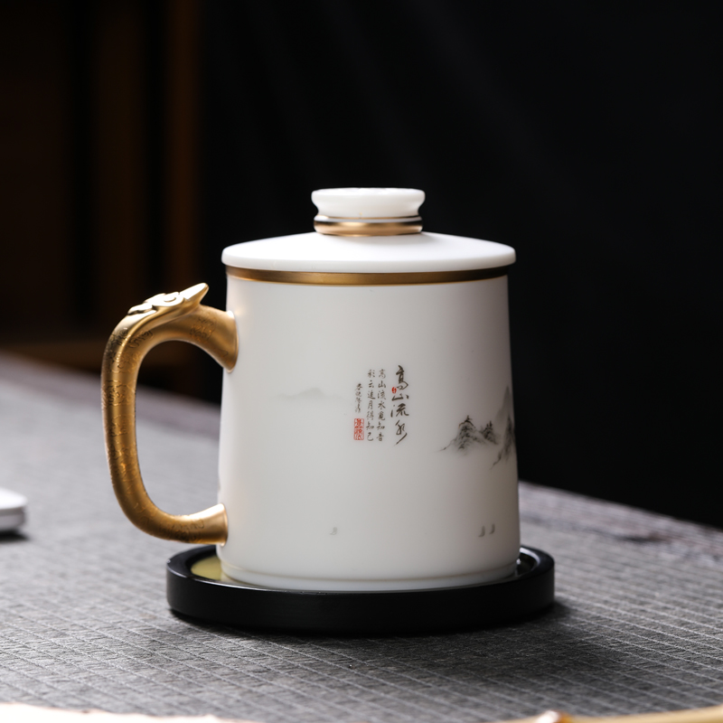 MULTIPOTENT办公杯陶瓷盖杯泡茶杯黄旭东大师冰凝玉得意杯(高山流水)高清大图