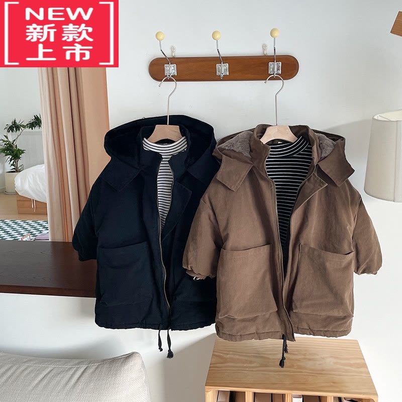 可莉允韩版儿童棉服冬季新品女童加厚毛毛棉衣男宝宝洋气中长款工装棉袄图片
