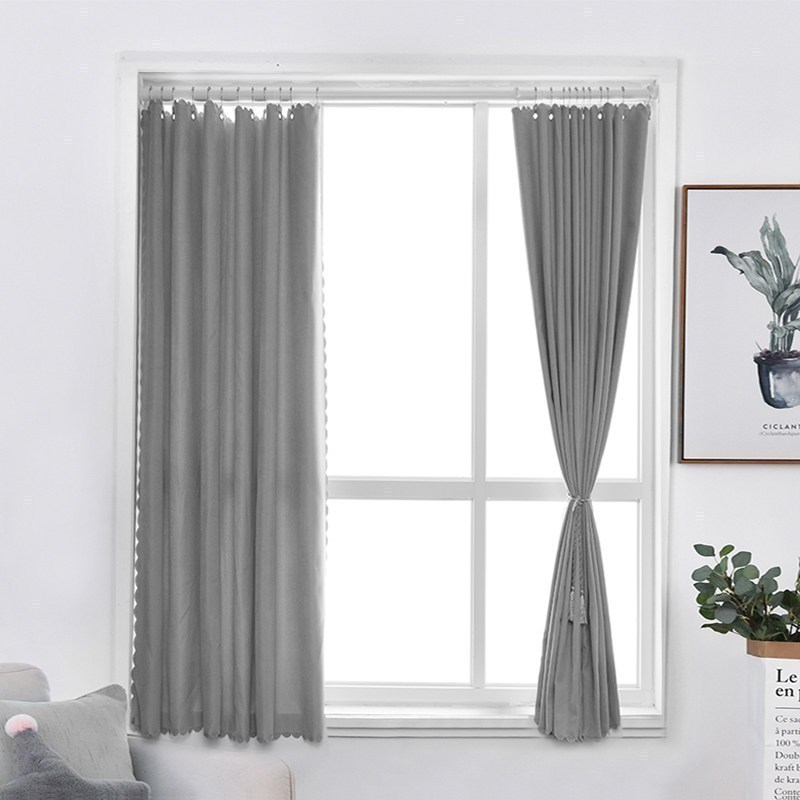 美帮汇窗帘免打孔安装北欧简约现代卧室客厅出租房遮光隔热简易小短窗帘 灰色 宽3*高2.5米双开送杆『适合窗宽160-210厘米』