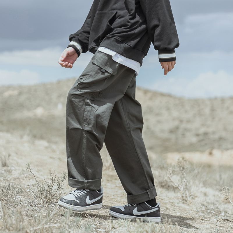 yuansu男士褶皱复古工装裤韩版宽松卷边休闲裤纯色学生百搭长裤休闲裤