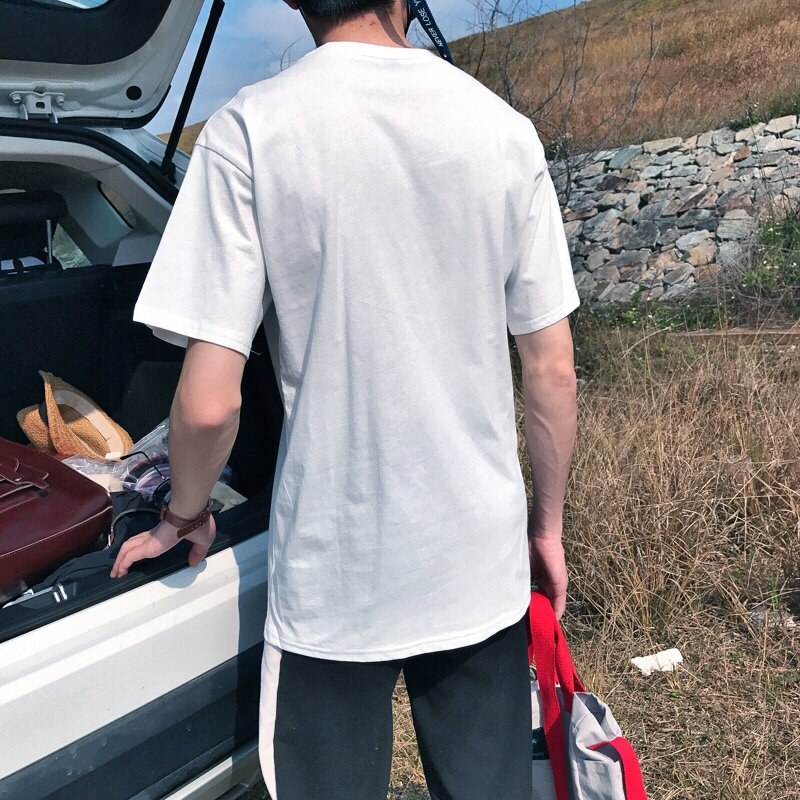 18夏装港风男士大码日系潮牌短袖宽松圆领五分袖时尚百搭绣花T恤