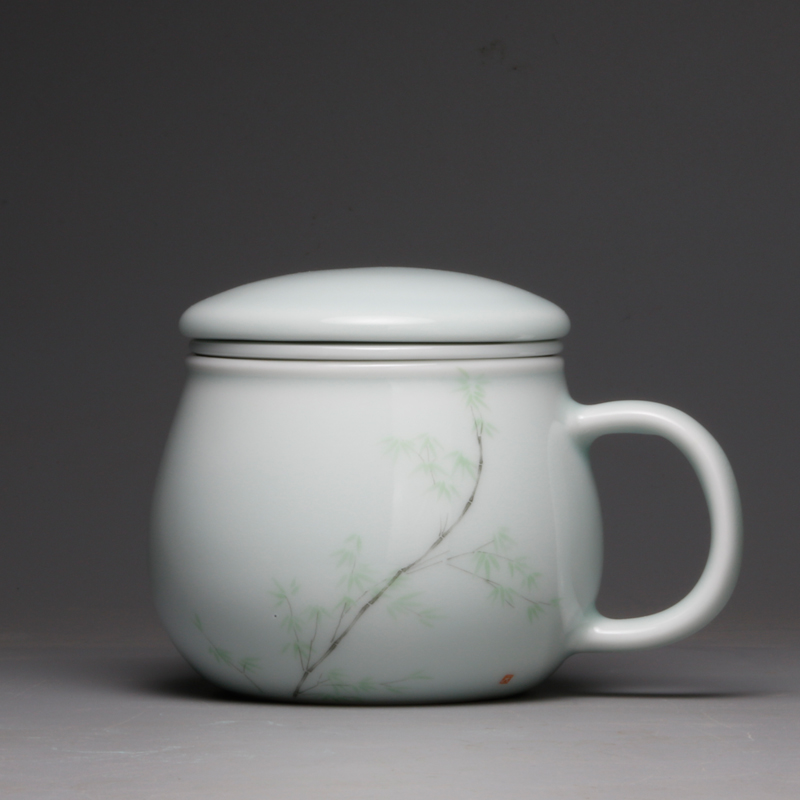 影青陶瓷景德镇茶水分离茶具同心过滤带盖子办公室家用泡茶杯 三维工匠 岁寒三友_526