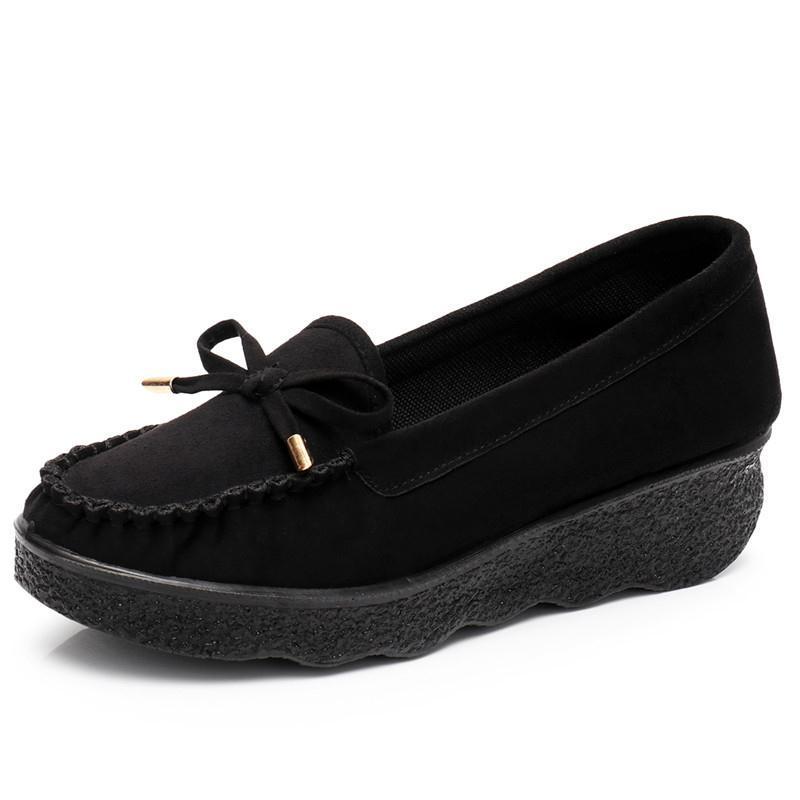 春秋老北京布鞋坡跟豆豆女鞋松糕厚底单鞋蝴蝶结中跟上班工作鞋黑黑色