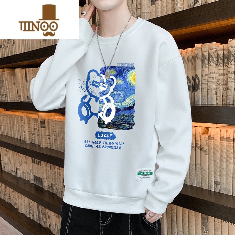 YANXU长袖T恤男休闲高街小熊印花宽松时尚潮搭男装设计感上衣服高清大图