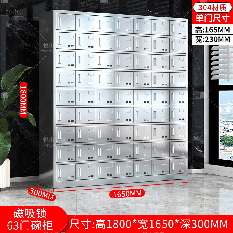 悦山不锈钢餐具碗柜食堂员工多门储物柜304不锈钢63门磁吸锁YSOA11FO63MW304C高清大图