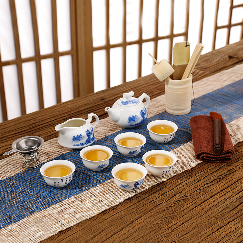 常生源 陶瓷功夫茶具套装 手绘 一壶六杯 茶道 茶漏 春山茶具套组高清大图