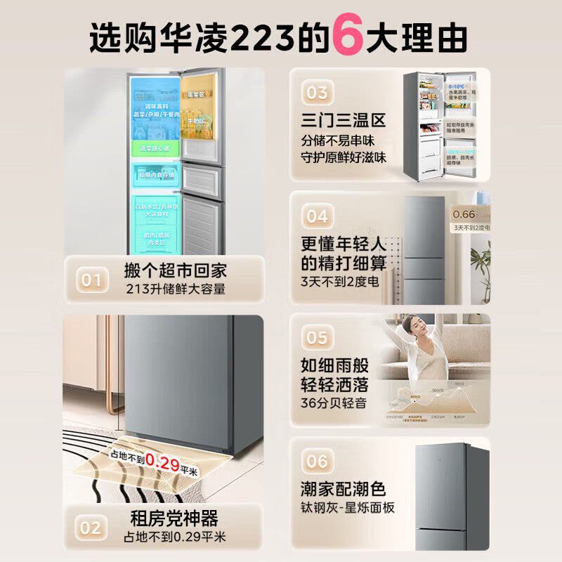 华凌冰箱美的出品213L三门三温储鲜 节能省电占地小可冷藏冷冻家用租房轻音运行HR-223T钛钢灰-星烁图片