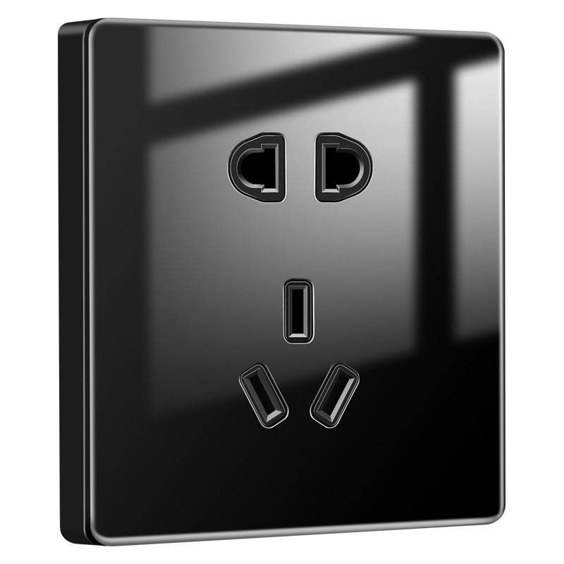 国际电工黑色钢化玻璃镜面开关插座面板家用墙壁86型暗装多孔五孔