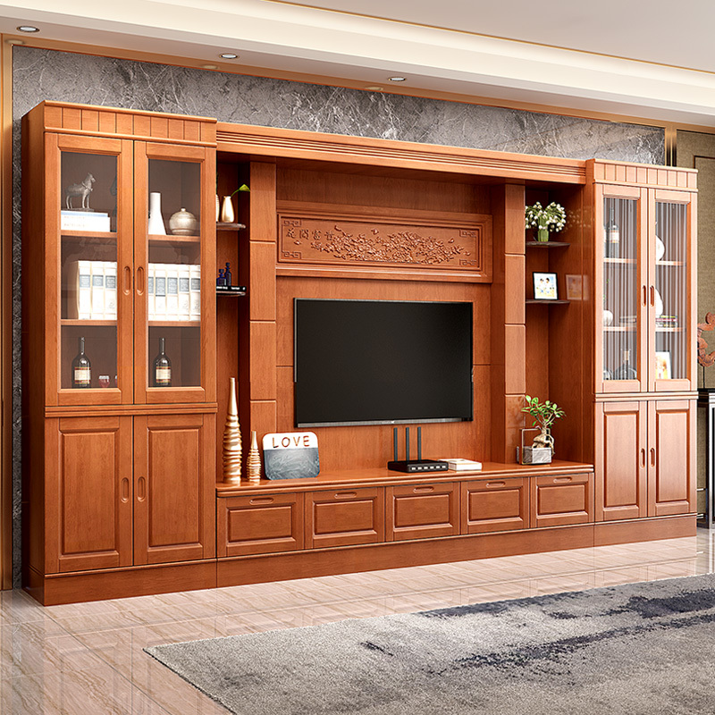 青木川中式实木电视柜背景墙柜客厅电视机柜子组合墙柜多功能收纳柜储