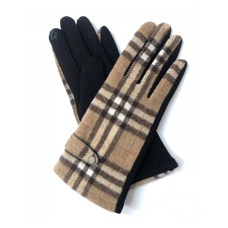 手套毛呢触屏布料日系格子保暖时尚食指刺绣防寒男女户外骑行