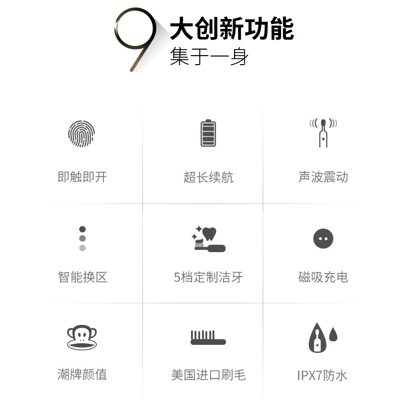 大嘴猴(Paul Frank)电动牙刷PF-103成人充电式声波震动牙刷35000转/分钟五大模式男女情侣款健康清洁牙齿