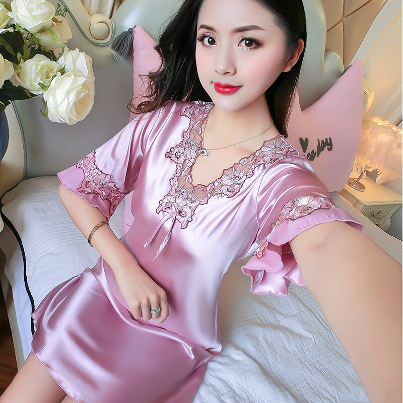 性感冰丝绸睡衣女夏天睡裙短袖大码可爱家居服带薄款韩版可外穿