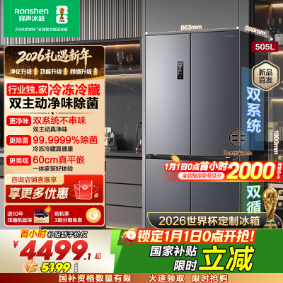 容声方糖505升主动净味双系统十字四开门超薄嵌入式电冰箱制冰一级能效除菌灰色冰箱BCD-505P60CZMAD