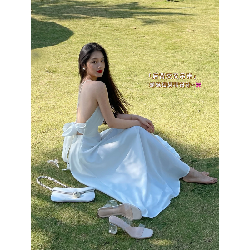 艳如飞林关关 海南三亚沙滩裙露背吊带连衣裙超仙女海边白色度假裙长裙连衣裙