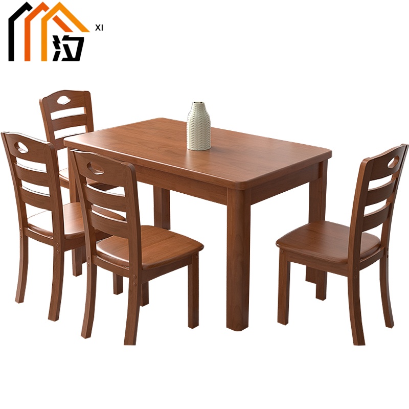 汐实木餐桌海棠色一桌四椅套高清大图