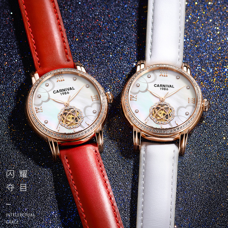 瑞士嘉年华Carnival手表机械表 女士时尚潮流玫瑰金新款镂空花瓣腕表镶钻防水真皮皮带简约学生女表8806高清大图