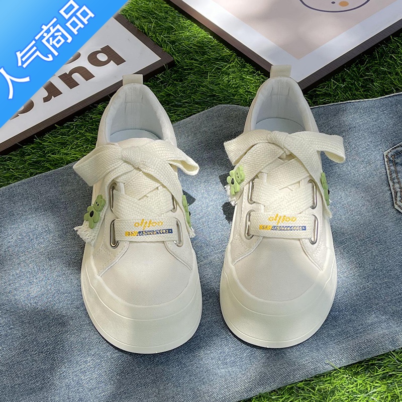 SUNTEK帆布鞋女2023夏季新款小众原创百搭小熊小白鞋厚底休闲运动板鞋子高清大图