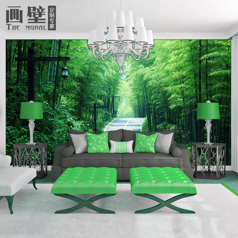 3D立体竹子荷花复古绿色护眼壁纸大型壁画客