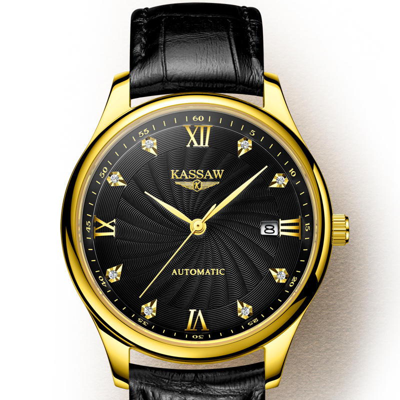 卡梭(kassaw)手表男自动机械表防水真皮精钢带日历休闲商务时尚男表k