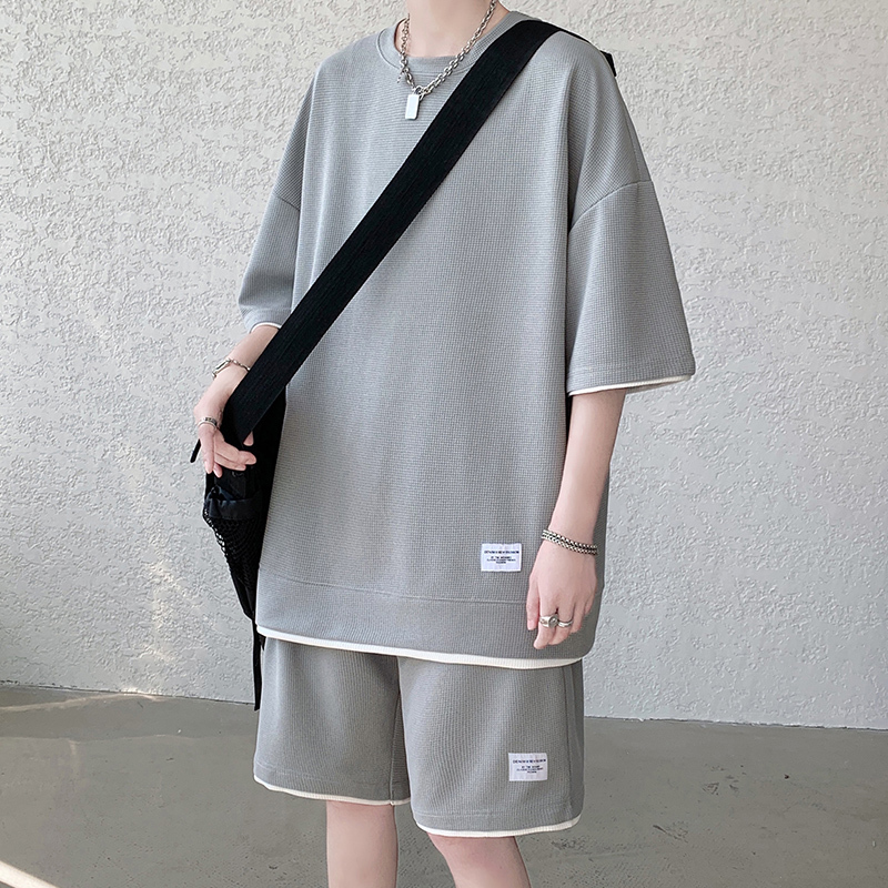 华夫格休闲套装男夏季冰丝短袖t恤 男装一套搭配帅气潮牌运动衣服Wsng