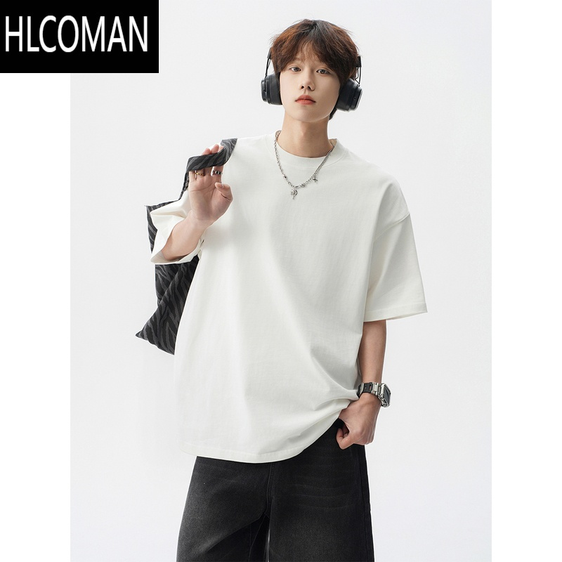 HLCOMAN260g纯色T恤男夏季美式复古短袖上衣oversize圆领打底衫
