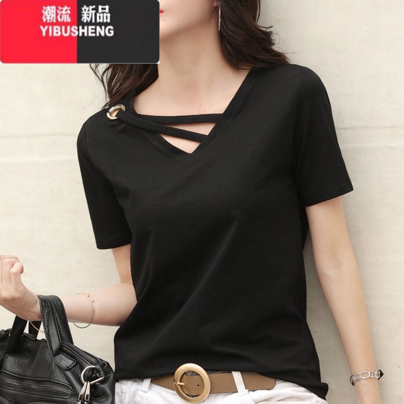 YIBUSHENG黑色短袖t恤女士2024新款宽松正肩显瘦v领设计感大码上衣镂空高清大图