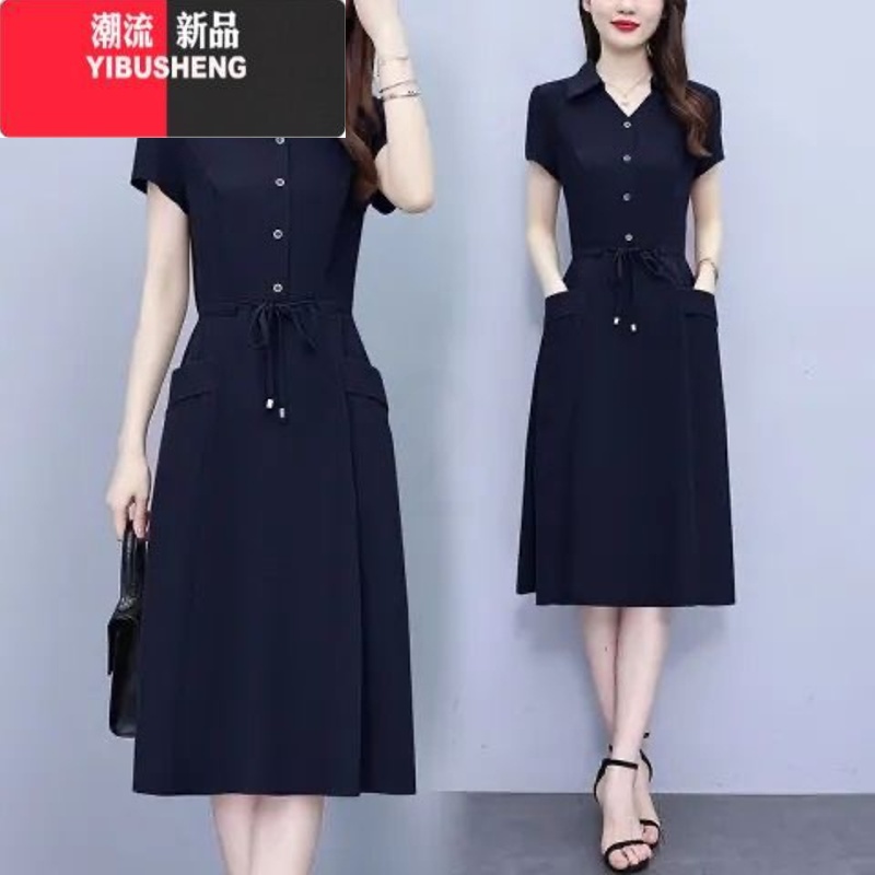 YIBUSHENG妈妈装大码时尚洋气短袖连衣裙中老年女季新款遮肚显瘦裙子遮肉高清大图