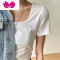 七斓白色短袖t恤女短款露脐设计感低u领高腰小众bm纯色打底上衣
