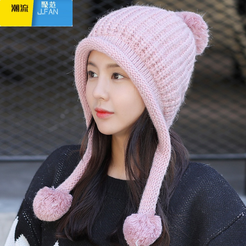 聚范帽子女士冬天韩版潮保暖针织帽加绒时尚百搭加绒护耳毛线帽