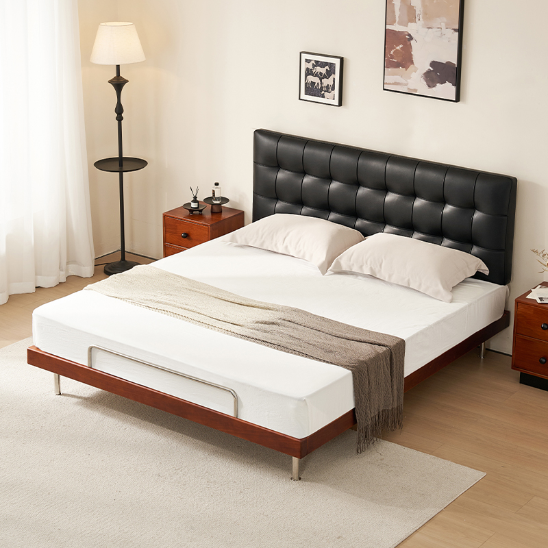 实木床超薄床华夫格包豪斯高脚床双人床主卧床卧室床婚床皮艺软包床高清大图