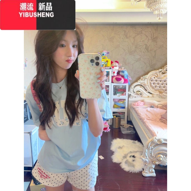 YIBUSHENG小碎花刺绣奶蓝色短袖T恤女季2024新款oversize小个子半袖上o高清大图