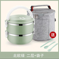 圆形保温饭盒烘焙精灵成人手提粥多功能盒子多层打饭菜盒汤杯大容量保鲜碗 二层北欧绿+餐具+保温袋