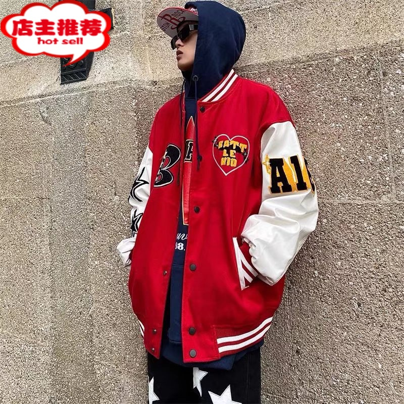 SHANCHAO美式vibe高街棒球服男款潮牌毛呢飞行员夹克夏薄款情侣装外套