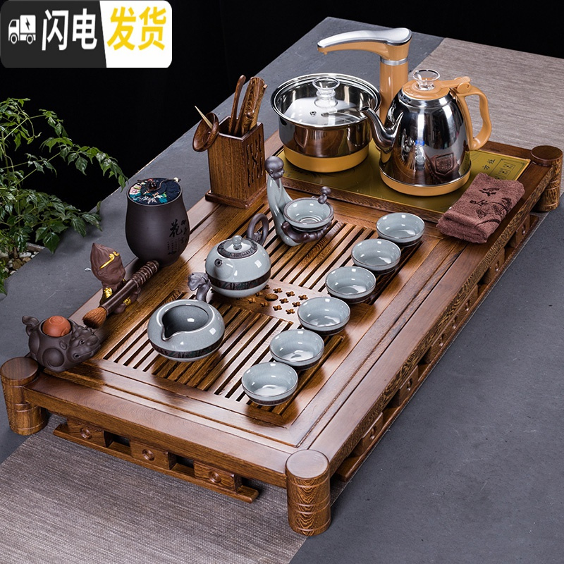 三维工匠鸡翅木整块实木茶盘办公室一体茶台简约会客功夫茶具套装家用 锦上添花(91*50CM)+玻璃茶具 27件