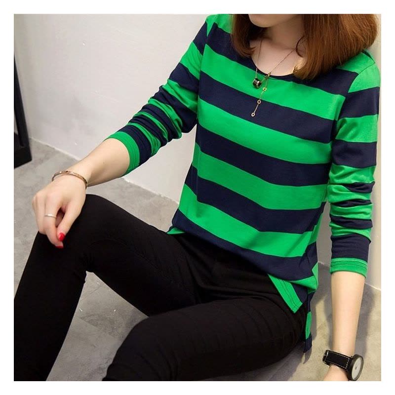 仅亏一天明天恢复39]大码女装2019春季长袖条纹t恤女宽松打底衫图片