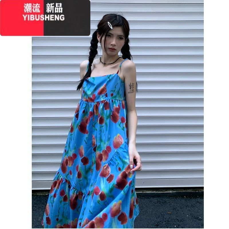 YIBUSHENG度假风吊带连衣裙女季宽松百搭长裙设计感郁金香印花多巴胺裙子