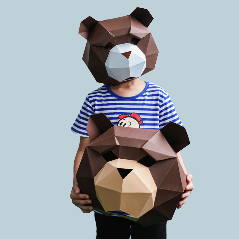 纸无限创意泰迪熊头套面具动物纸模diy材料化妆舞会表演抖音道具