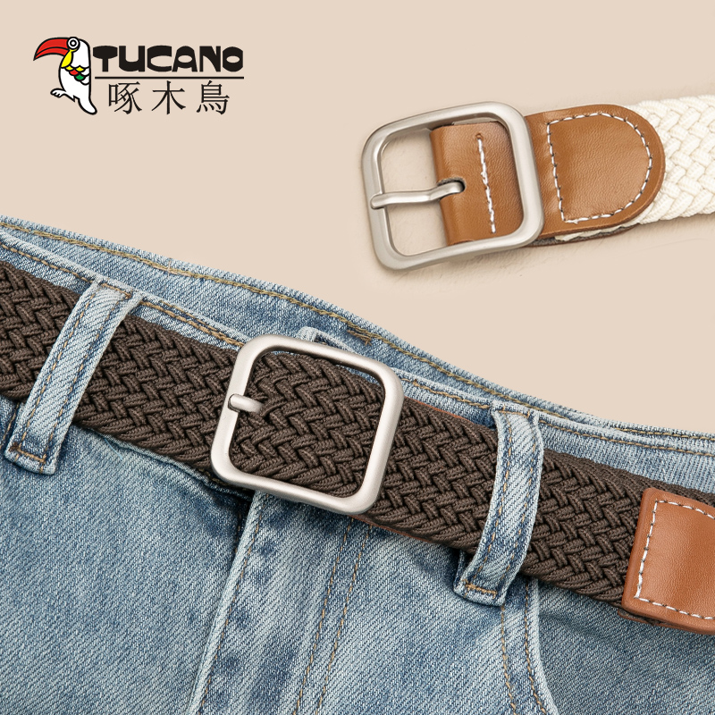 啄木鸟皮带女无需打孔帆布牛仔裤腰带男编织松紧弹生装弹仔织高清大图