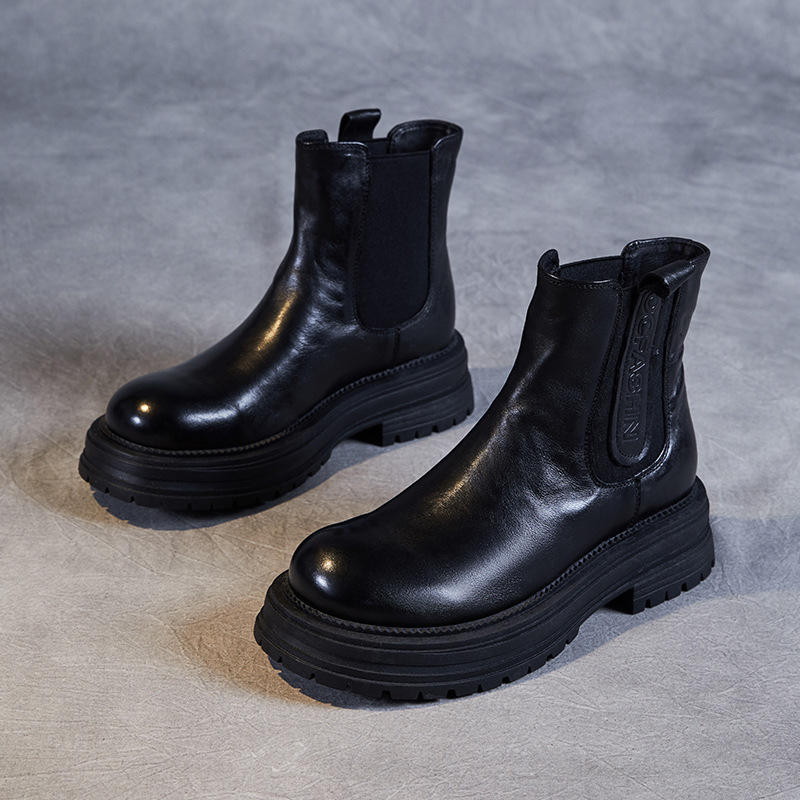 手抓纹头层牛皮2023秋冬新款大头马丁靴女厚底切尔西短靴烟筒单靴高清大图