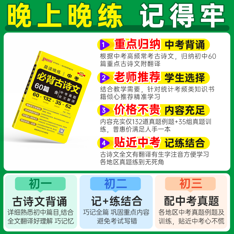 [练字字帖]古诗文60篇 全国通用 [正版]2024新版晨读晚练中考必背古诗文60篇通用版含中考真题全文翻译初中语文文文高清大图