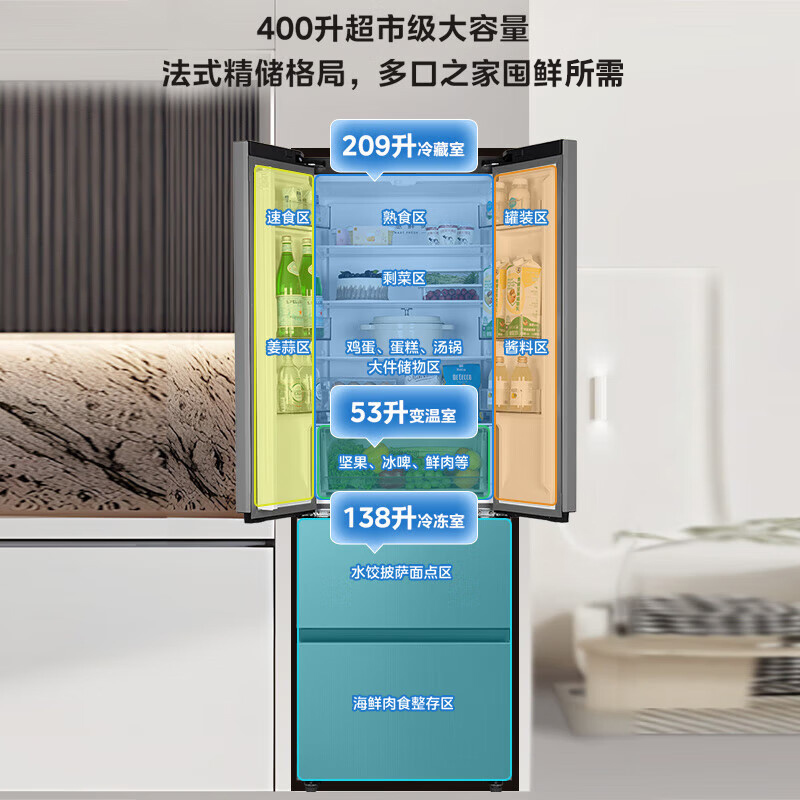 美的M60系列400升法式多门超薄四开门嵌入式60CM超薄一级双变频净味冰箱智能家用电冰箱MR-417WFPE流苏银高清大图