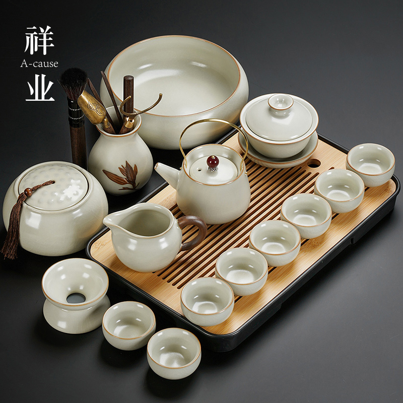 [补贴10%]2024新款汝窑功夫茶具套装陶瓷茶壶盖碗茶杯茶盘轻奢高档家用喝茶高清大图