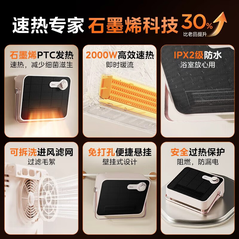 美的(Midea)取暖器浴室家用暖风机卧室小型壁挂暖气防水 HFT20NZ高清大图
