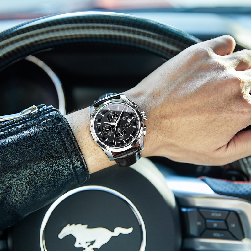 嘉年华CARNIVAL手表男士新自动机械表 男表多功能手表金属精钢带真皮带帅气休闲时尚潮流腕表夜光大表盘复古设计8659高清大图