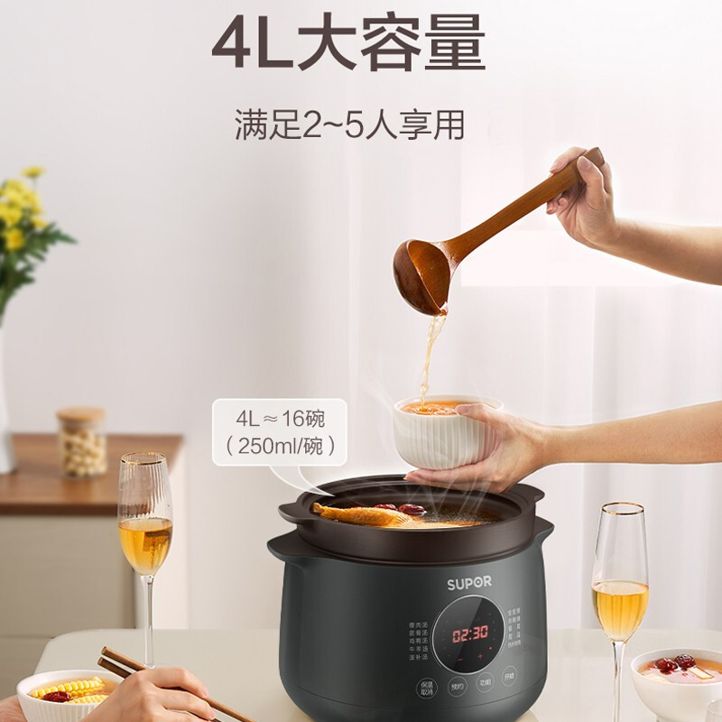 苏泊尔(SUPOR) 电炖锅 4L多功能电炖盅 可预约炖汤锅 热水快炖煲汤锅 煮粥锅 优质紫陶内胆 DG40YC36高清大图