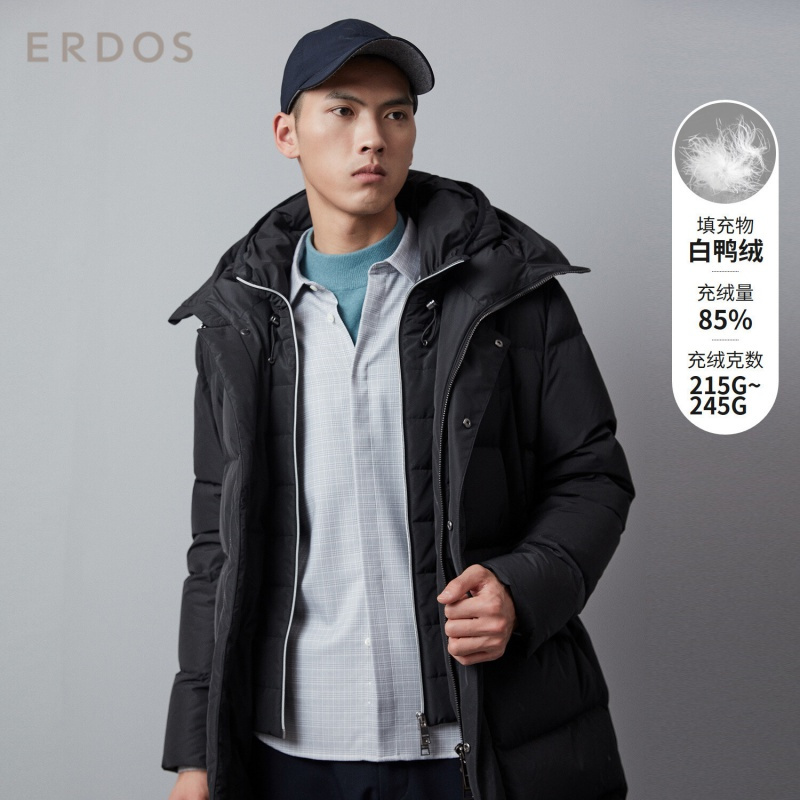 ERDOS 立领连帽白鸭绒口袋装饰男士羽绒服