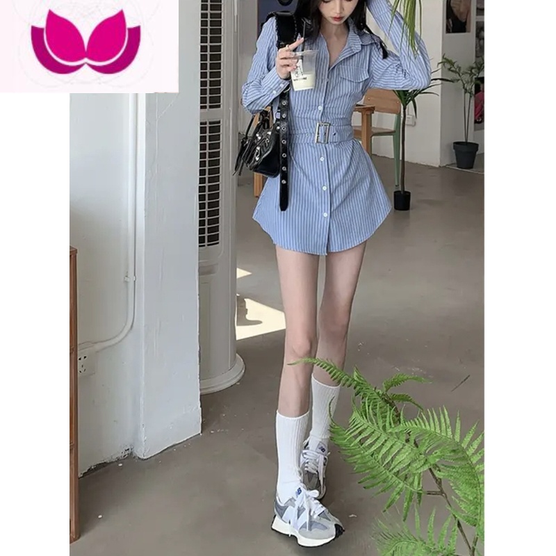 七斓春季chin上衣甜辣套装女活泼减龄洋气学院风条纹衬衫裙短裤套 蓝色条纹套装送腰带 S