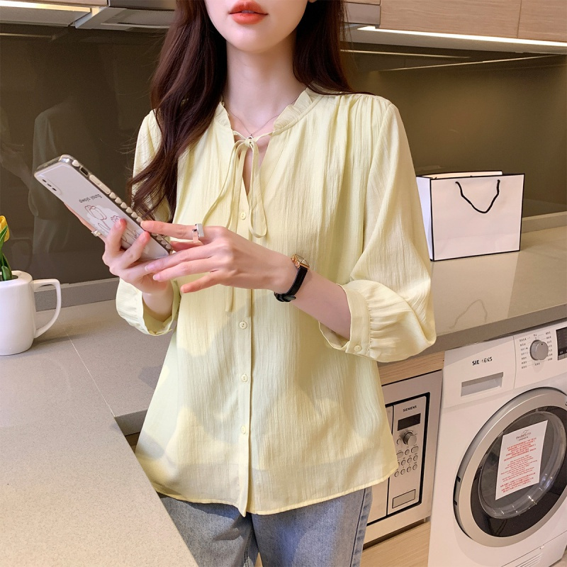 唐狮 |春季女圆领花边绑绳净色长袖衬衫设计感百搭气质韩版
