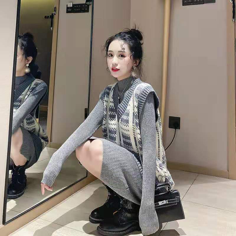 单件/套装女秋冬新款洋气网红针织毛衣裙子马甲时尚两件套