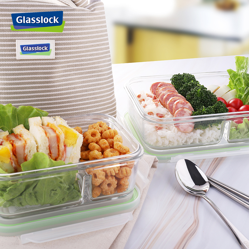 三光云彩(GLASSLOCK)便当盒韩国进口耐热钢化玻璃保鲜饭盒分隔带盖密封碗上班族带饭670+1000ml 带保温包